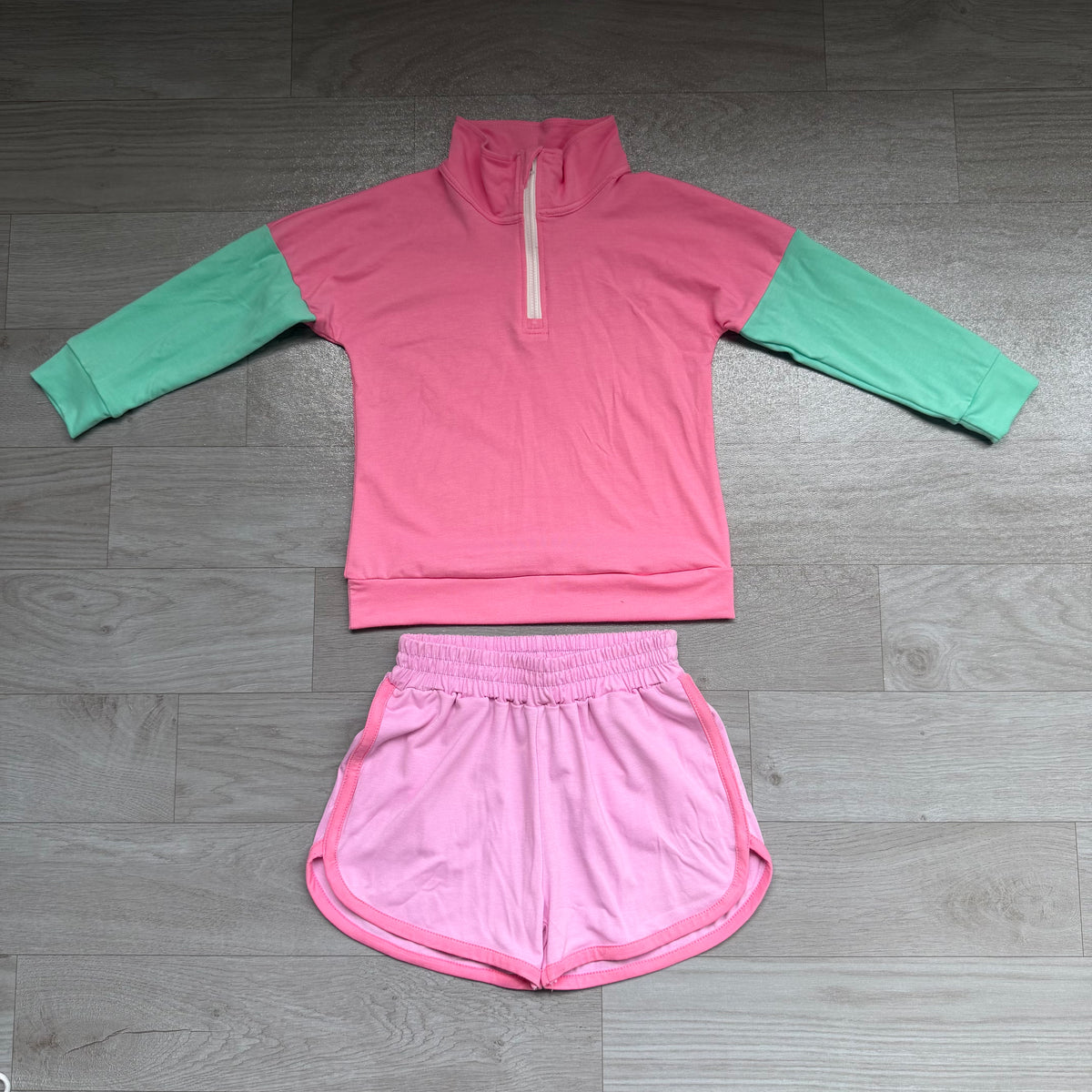 8.1 Preorder  Kids Girls  ink Mint Color Block Half Zip Pullover Top With Purple Shorts Outfit