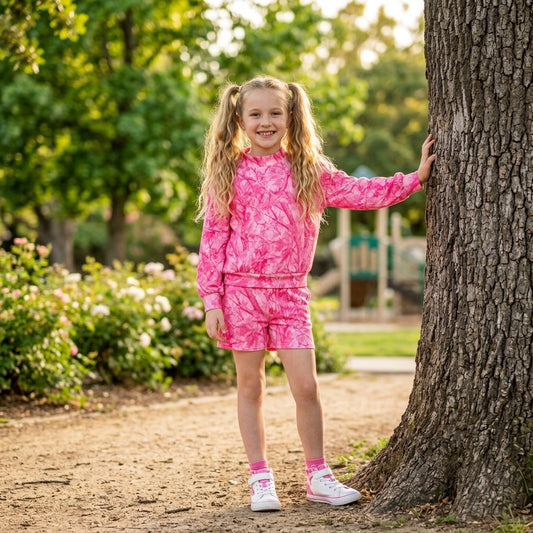 GLS0196 Pink Branch Print Mock Neck Top Pockets Shorts Girls Clothes Set