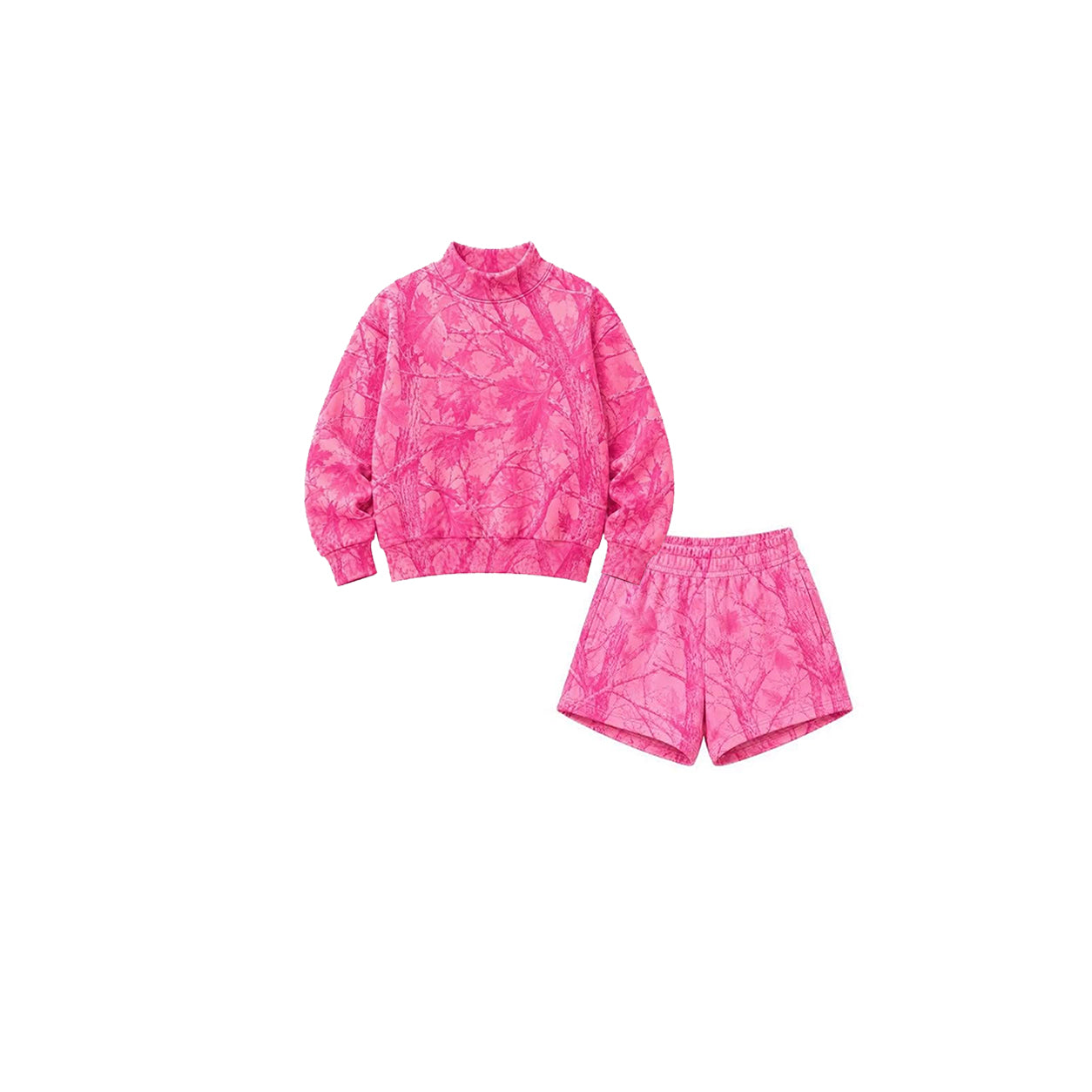8.8 GLS0196 Preorder Pink Branch Print Long Sleeve Top Pockets Shorts Girls Clothes Set