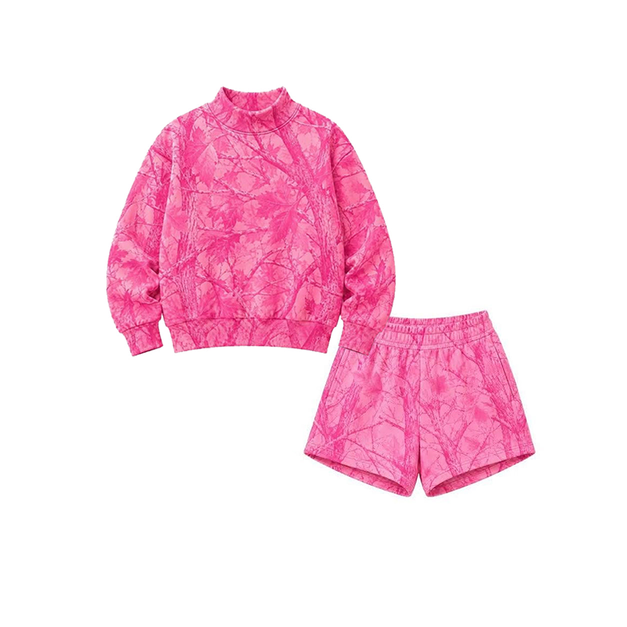 8.8 GLS0197 Preorder Pink Branch Print Long Sleeve Top Pockets Shorts Woman Clothes Set
