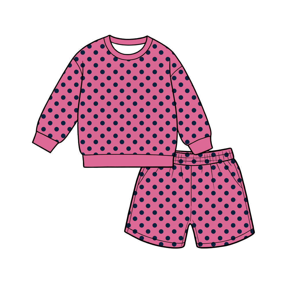 8.3  Preorder Adult Women Pink Polka Long Sleeve Top with Shorts Outfit