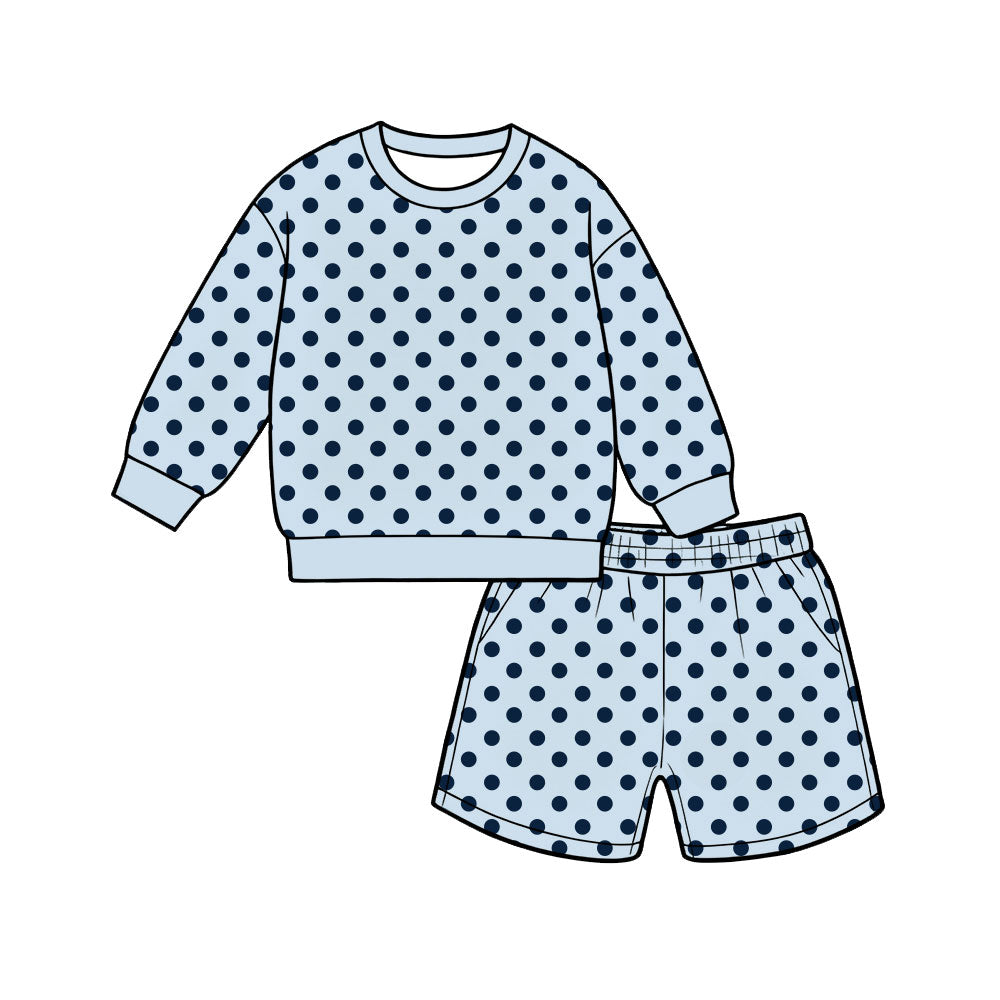 8.3  Preorder Adult Women Blue Black Polka Long Sleeve Top with Shorts Outfit