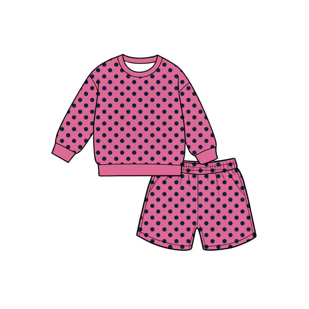 8.8  Preorder Girls Pink Navy Polka Dot Long Sleeve Top+Shorts Outfit