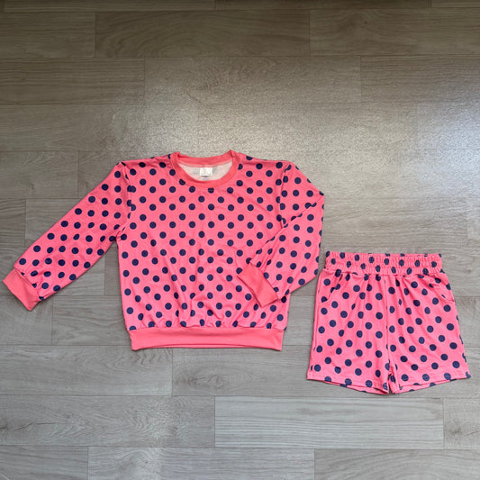 8.8  Preorder Girls Pink Navy Polka Dot Long Sleeve Top+Shorts Outfit