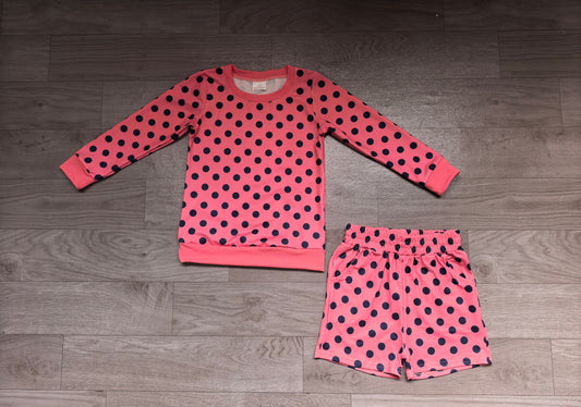 8.8  Preorder Girls Pink Navy Polka Dot Long Sleeve Top+Shorts Outfit