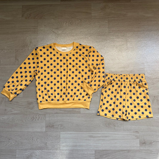 8.8  Preorder Girls Mustard Polka Dot Long Sleeve Top with Shorts Outfit