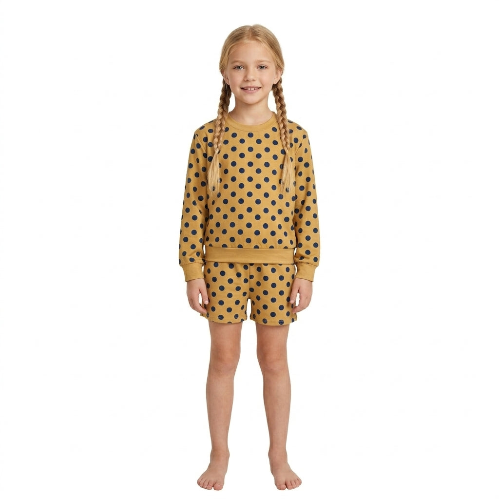 GLS0205 Mustard Polka Dot Girls Long Sleeve Top with Shorts Outfit