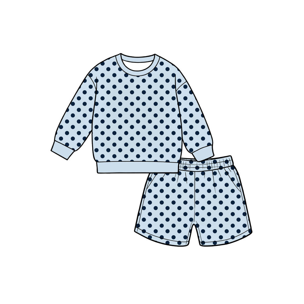 8.8  Preorder Girls Blue Black Polka Dot Long Sleeve Top with Shorts Outfit