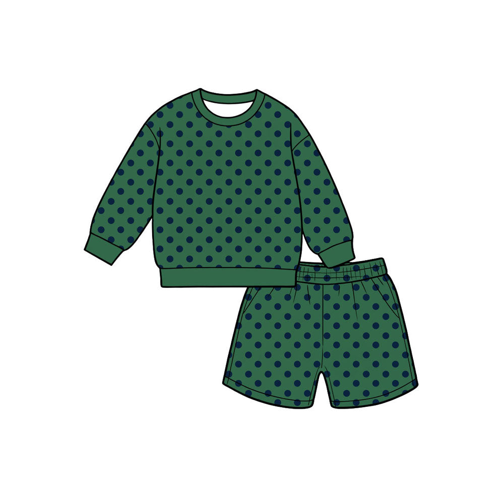 8.8  Preorder Girls Green Black Polka Dot Long Sleeve Top with Shorts Outfit