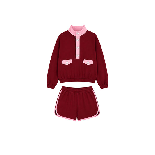 8.10 Preorder Kids Girls Burgundy Pink Color Block Sweatshirt Shorts Set