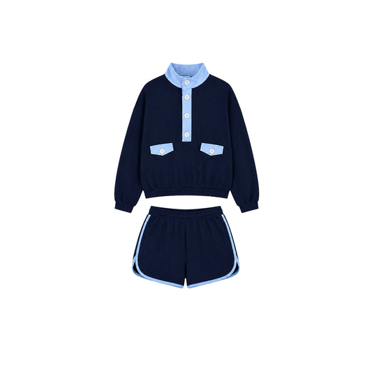 8.10 Preorder Girls Navy Blue Light Blue Color Block Sweatshirt Shorts Set