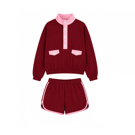 8.11  Preorder Adult Burgundy Pink Color Block Pullover Elastic Waist Dolphin Shorts Set