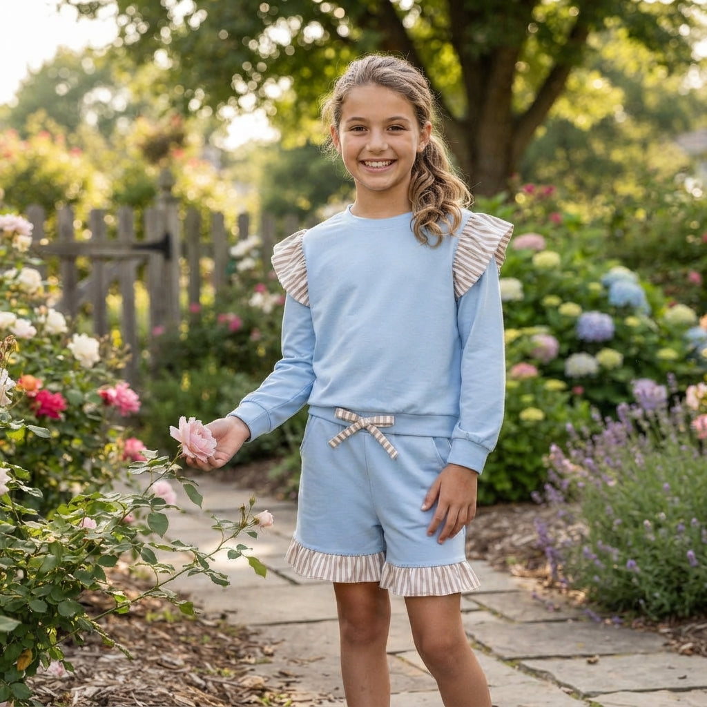 GLS0216 Girls Light Blue Striped Flutter Sleeve & Ruffle Shorts 2pcs Outfits