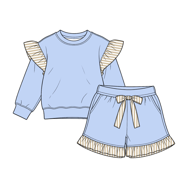 8.15 Preorder Kids Girls Light Blue Flutter Sleeve Top with Ruffle Shorts Outfit