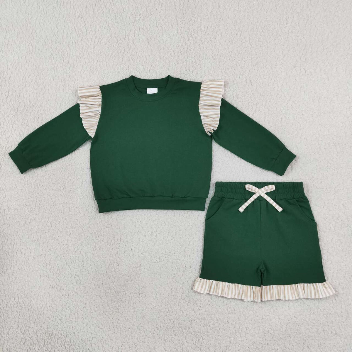 GLS0218 Girls Khaki Striped Flutter Sleeve Top with Green Shorts Outfits