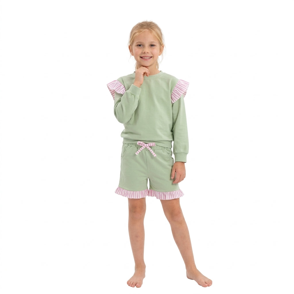 GLS0220 Girls Light Green Flutter Sleeve Top with Ruffle Shorts Outfit