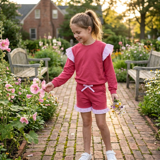 GLS0221 Girls Hot Pink Flutter Sleeve Top with Ruffle Shorts Outfit