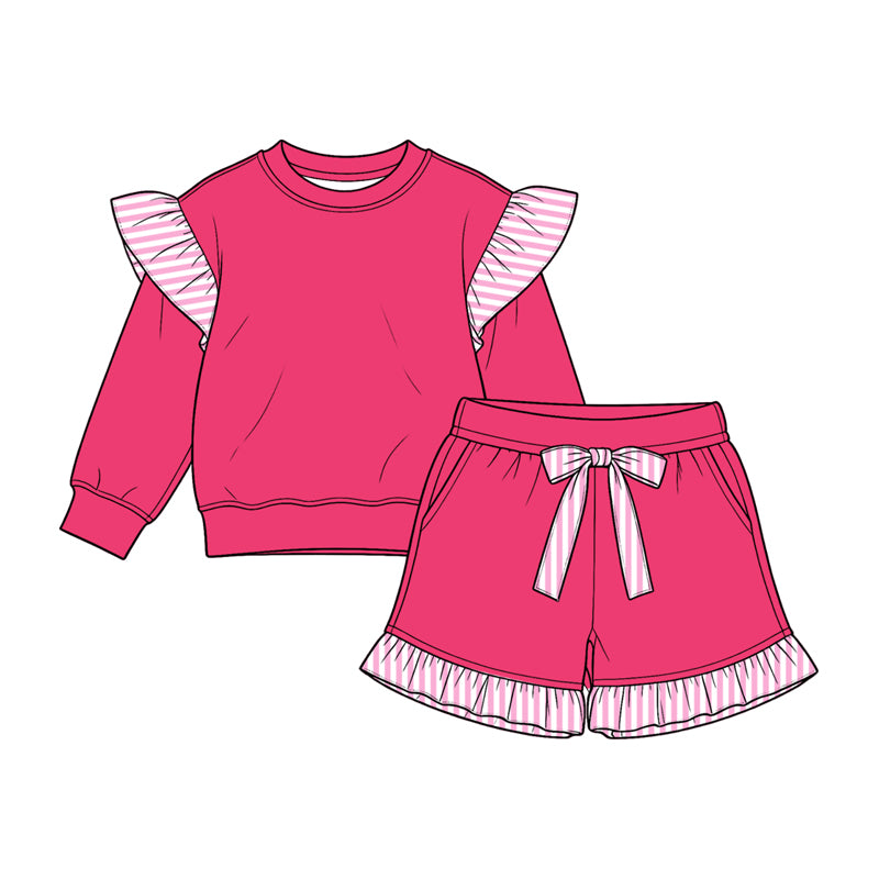 8.15 GLP3701 Preorder Kids Girls Hot Pink Flutter Sleeve Top with Ruffle Shorts Outfit