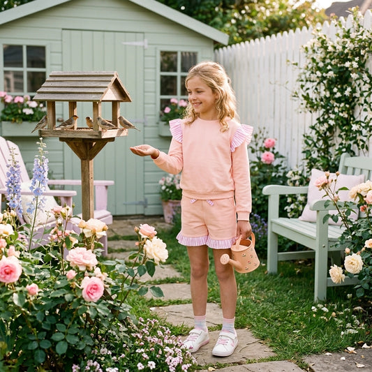 GLS0222 Girls Pink Flutter Sleeve Top with Ruffle Shorts Outfit