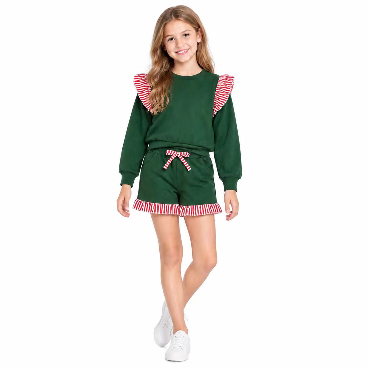 GLS0223 Girls Green Flutter Sleeve Top with Ruffle Shorts Christmas Outfit