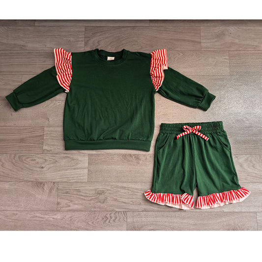 8.15 GLS0223 Preorder Kids Girls Christmas Green Red Striped Flutter Sleeve Top with Ruffle Shorts Outfit