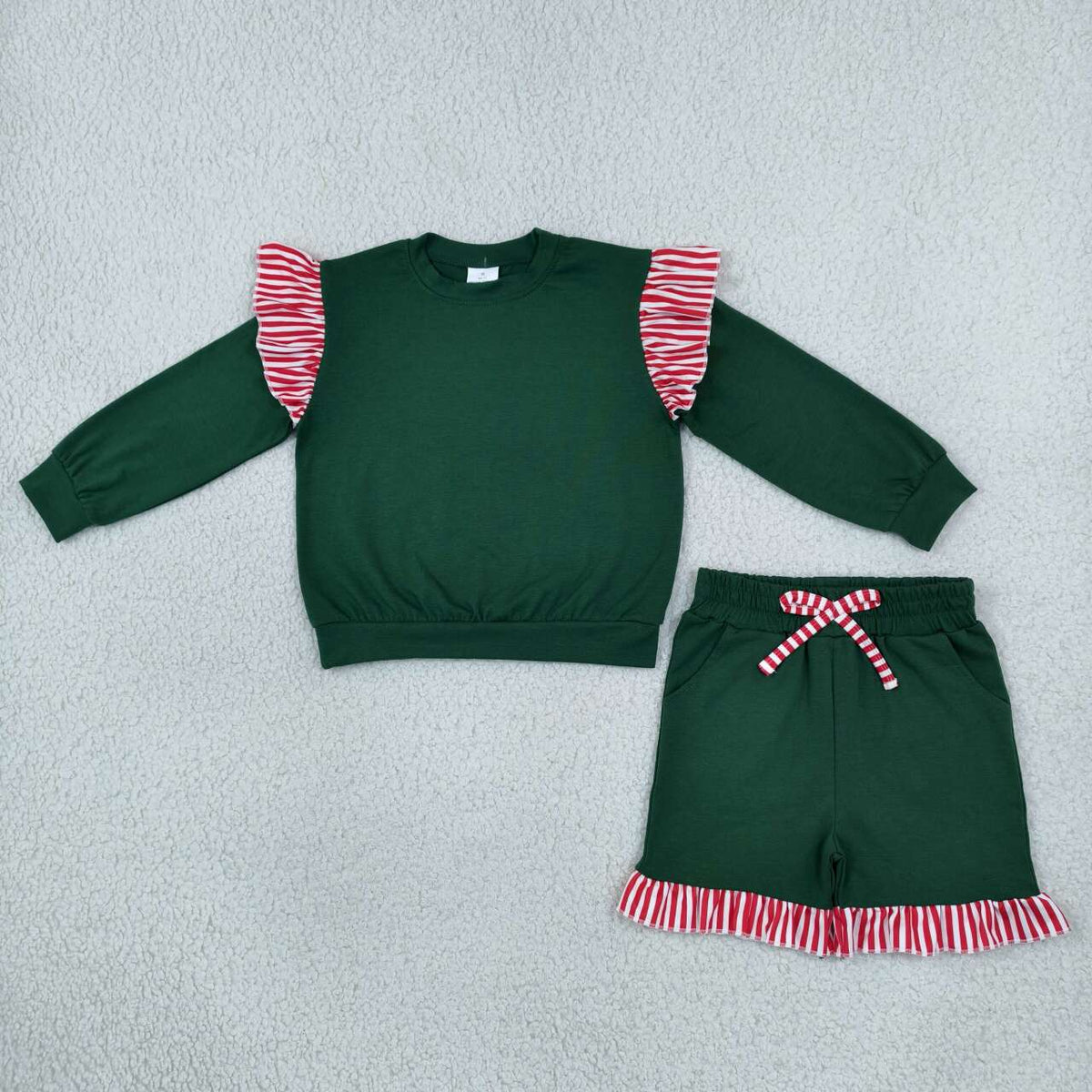 GLS0223 Girls Green Flutter Sleeve Top with Ruffle Shorts Christmas Outfit