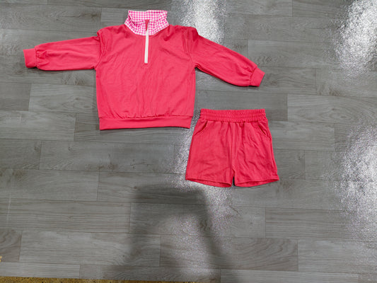 8.28 GLS0225 Preorder Hot Pink Color Half‑Zip Pullover Top Pockets Shorts Girls Clothes Set
