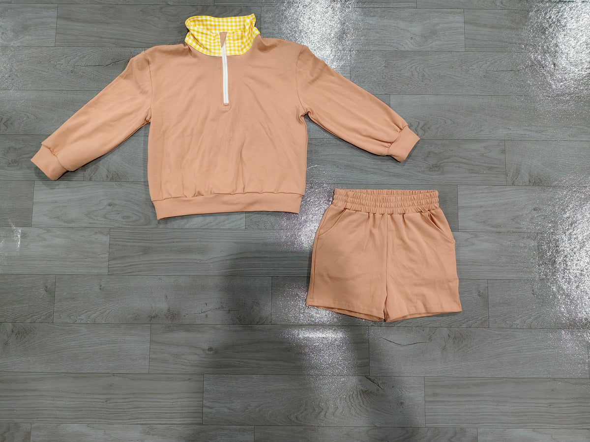 8.28 GLS0227 Preorder Brown Color Half‑Zip Pullover Top Pockets Shorts Girls Clothes Set