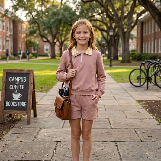 GLS0227 Dusty Pink Half‑Zip Pullover Top Pockets Shorts Girls Clothes Set