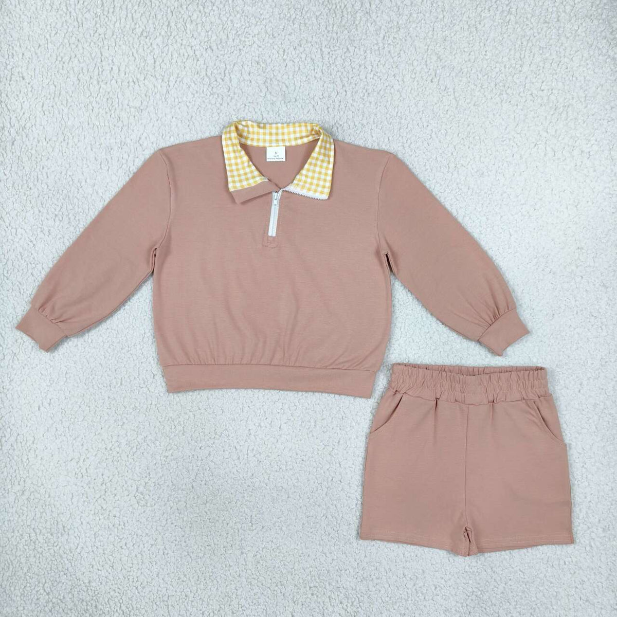 Sibling  Baby Girl Gingham Neckline Zipper Pullover Top Pocket Shorts Outfit