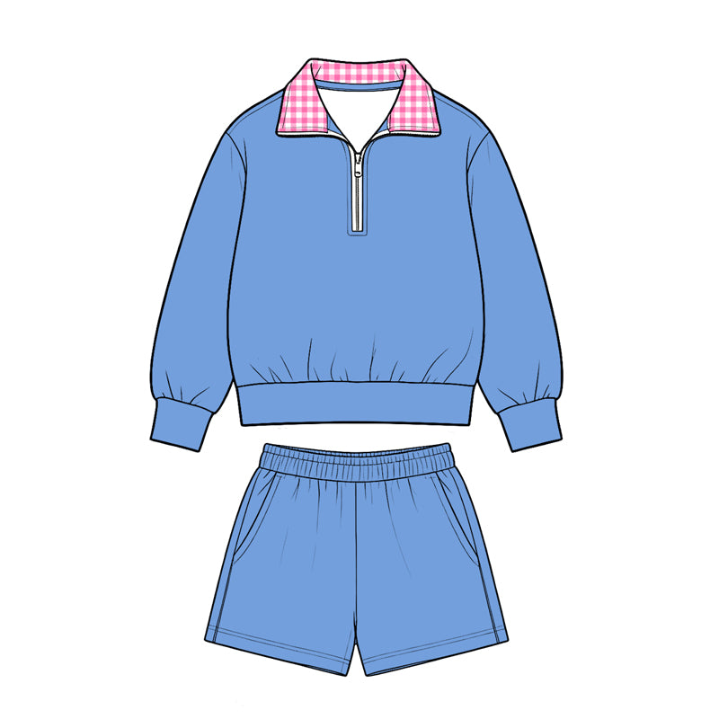 8.28 GLS0228 Preorder Blue Color Half‑Zip Pullover Top Pockets Shorts Girls Clothes Set
