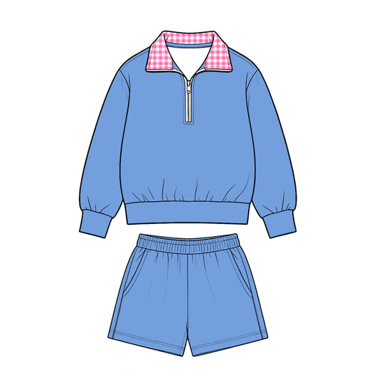 8.28 GLS0228 Preorder Blue Color Half‑Zip Pullover Top Pockets Shorts Girls Clothes Set