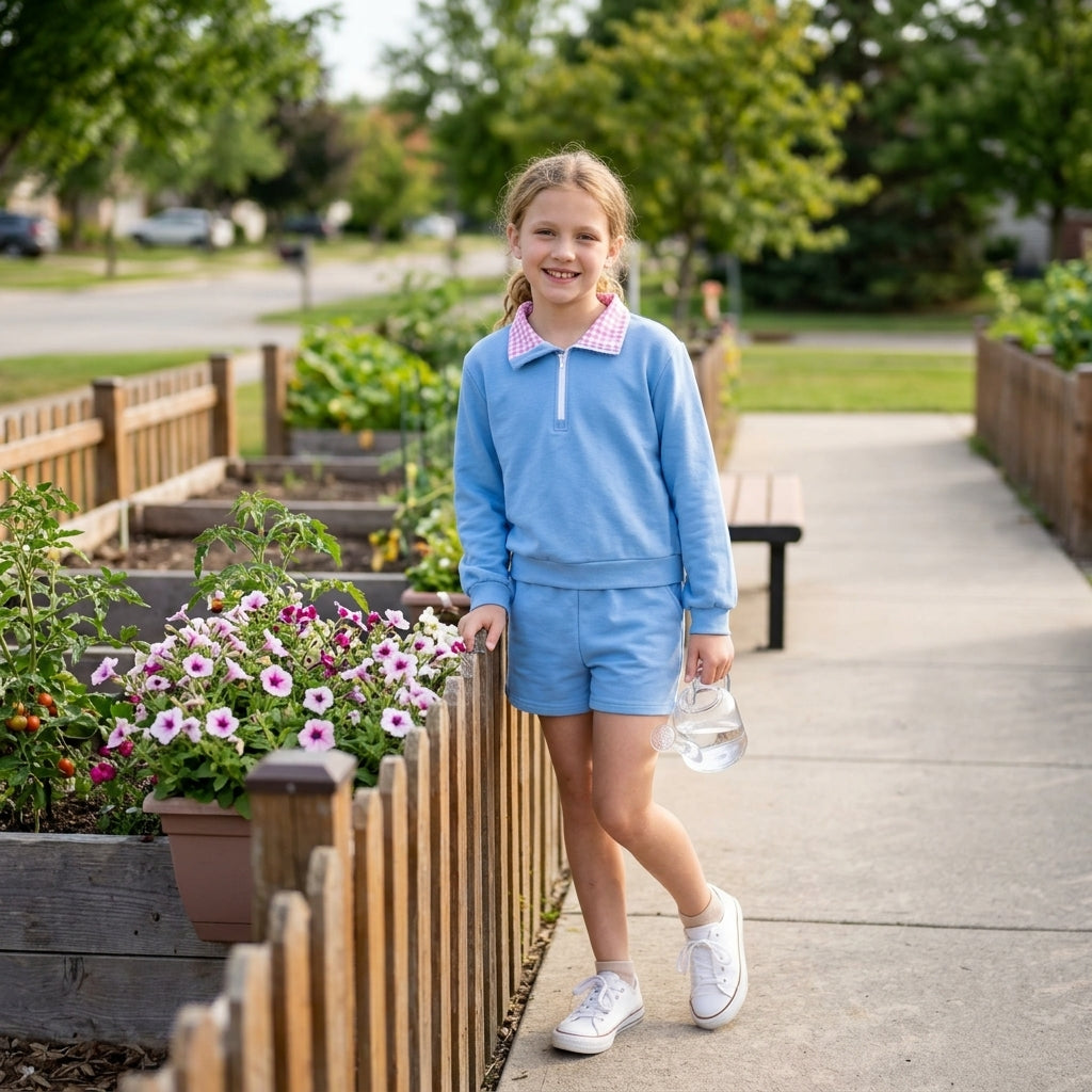 GLS0228 Blue Color Half‑Zip Pullover Top Pockets Shorts Girls Clothes Set