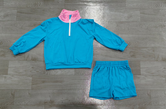 8.28 GLS0228 Preorder Blue Color Half‑Zip Pullover Top Pockets Shorts Girls Clothes Set