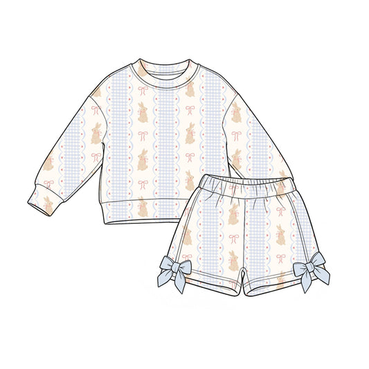 8.28 Preorder Toddler Girls  Easter  Light Blue Gingham Bunny Bow Long Sleeve Top with Shorts Outfit