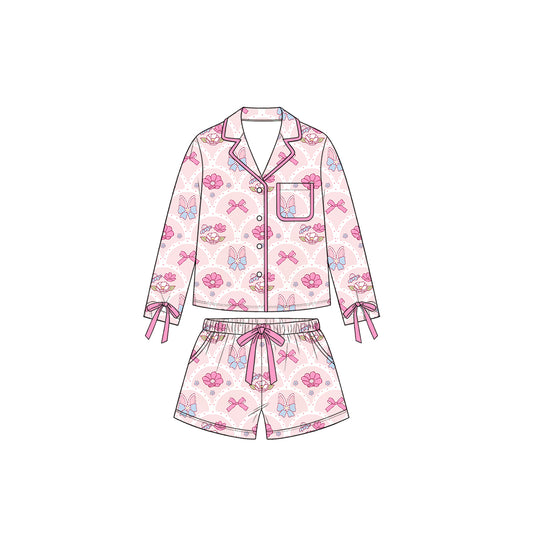 9.4 GLS0235 Preorder Bunny Ears Bows Flowers Print Buttons Top Pockets Shorts Girls Easter Clothes Set