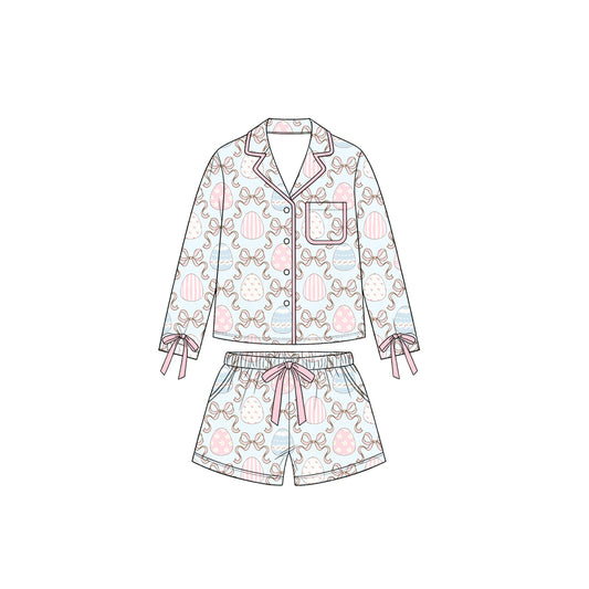 9.4 GLS0236 Preorder Eggs Bows Print Buttons Top Pockets Shorts Girls Easter Clothes Set