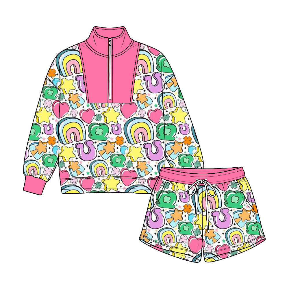 9.5 GLS0238 Preorder Rainbow Stars Zipper Top Pockets Shorts Girls St Patrick Day Clothes Set