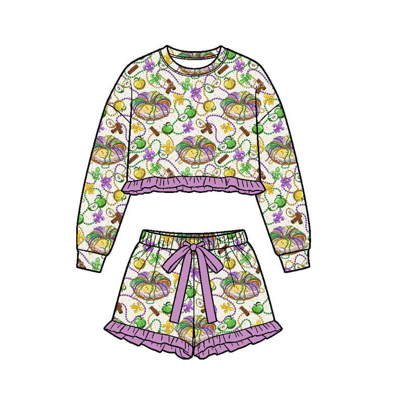 9.8 GLS0239 Preorder Donut Apple Long Sleeve Top Ruffle Shorts Girls Mardi Gras Clothes Set