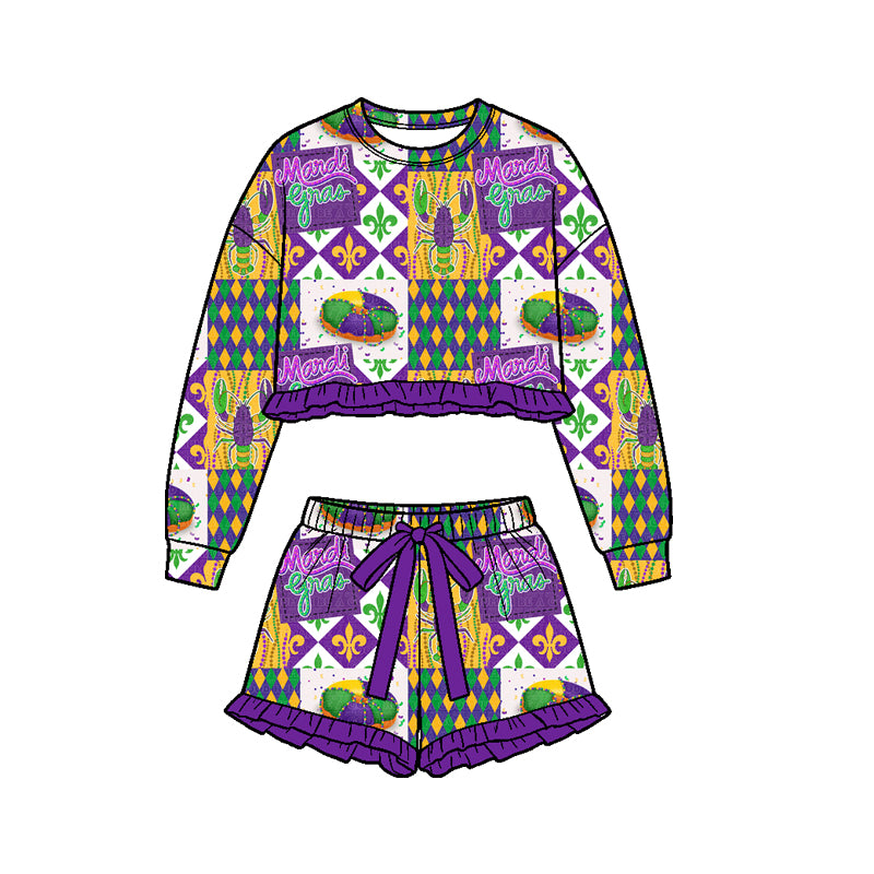 9.8 GLS0242 Preorder Donut Crayfish Checkered Long Sleeve Top Ruffle Shorts Girls Mardi Gras Clothes Set