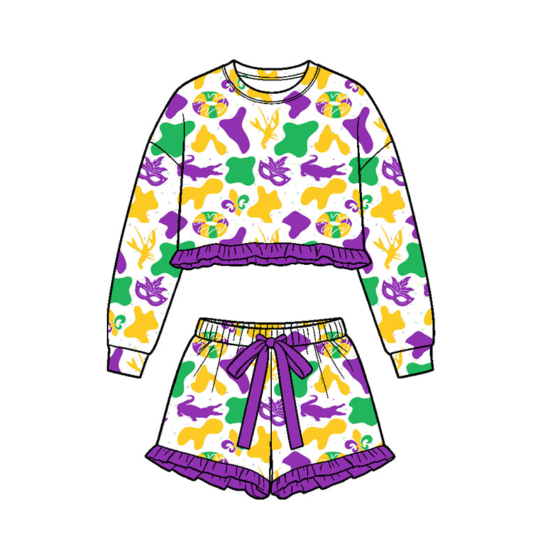 9.8 GLS0243 Preorder Donut Anchor Crayfish Camo Long Sleeve Top Ruffle Shorts Girls Mardi Gras Clothes Set