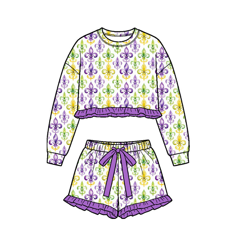 9.8 GLS0244 Preorder Anchor Long Sleeve Top Ruffle Shorts Girls Mardi Gras Clothes Set