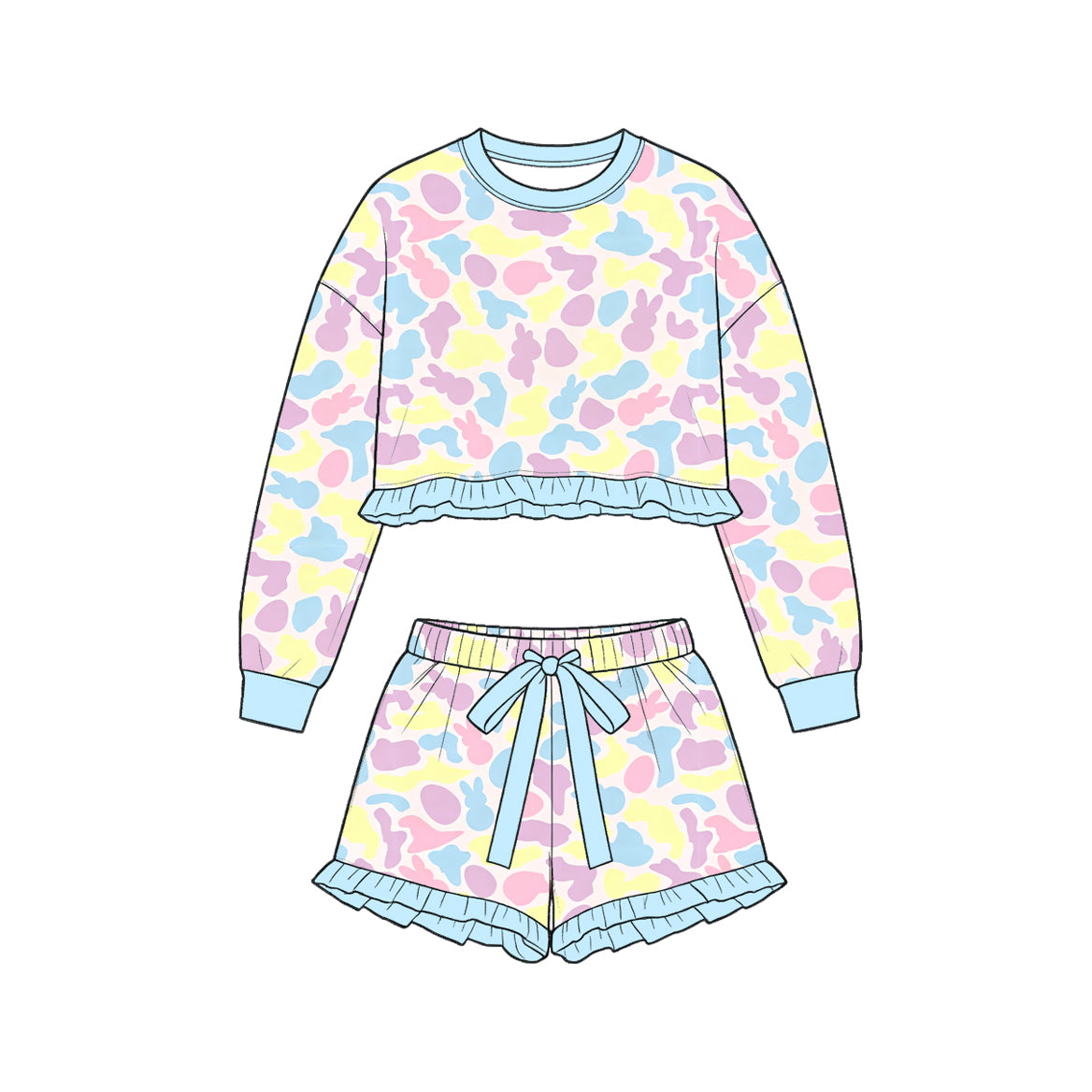 9.8 GLS0245 Preorder Colorful Bunny Camo Long Sleeve Top Ruffle Shorts Girls Easter Clothes Set