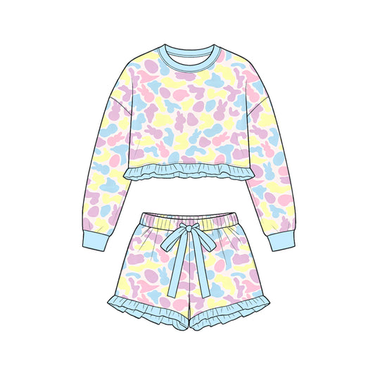 9.8 GLS0245 Preorder Colorful Bunny Camo Long Sleeve Top Ruffle Shorts Girls Easter Clothes Set