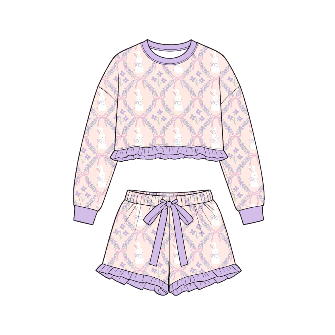 9.8 GLS0246 Preorder Baby Girls Easter Purple Flowers Rabbit Long Sleeve Top Shorts Outfit