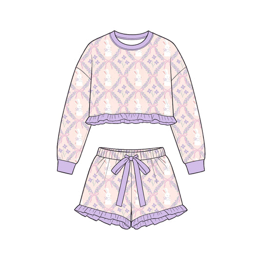 9.8 GLS0246 Preorder Bunny Flowers Bows Long Sleeve Top Ruffle Shorts Girls Easter Clothes Set