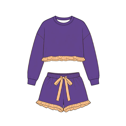 9.10 GLS0248 Preorder Purple Long Sleeve Top Orange Ruffle Shorts Girls Clothes Set