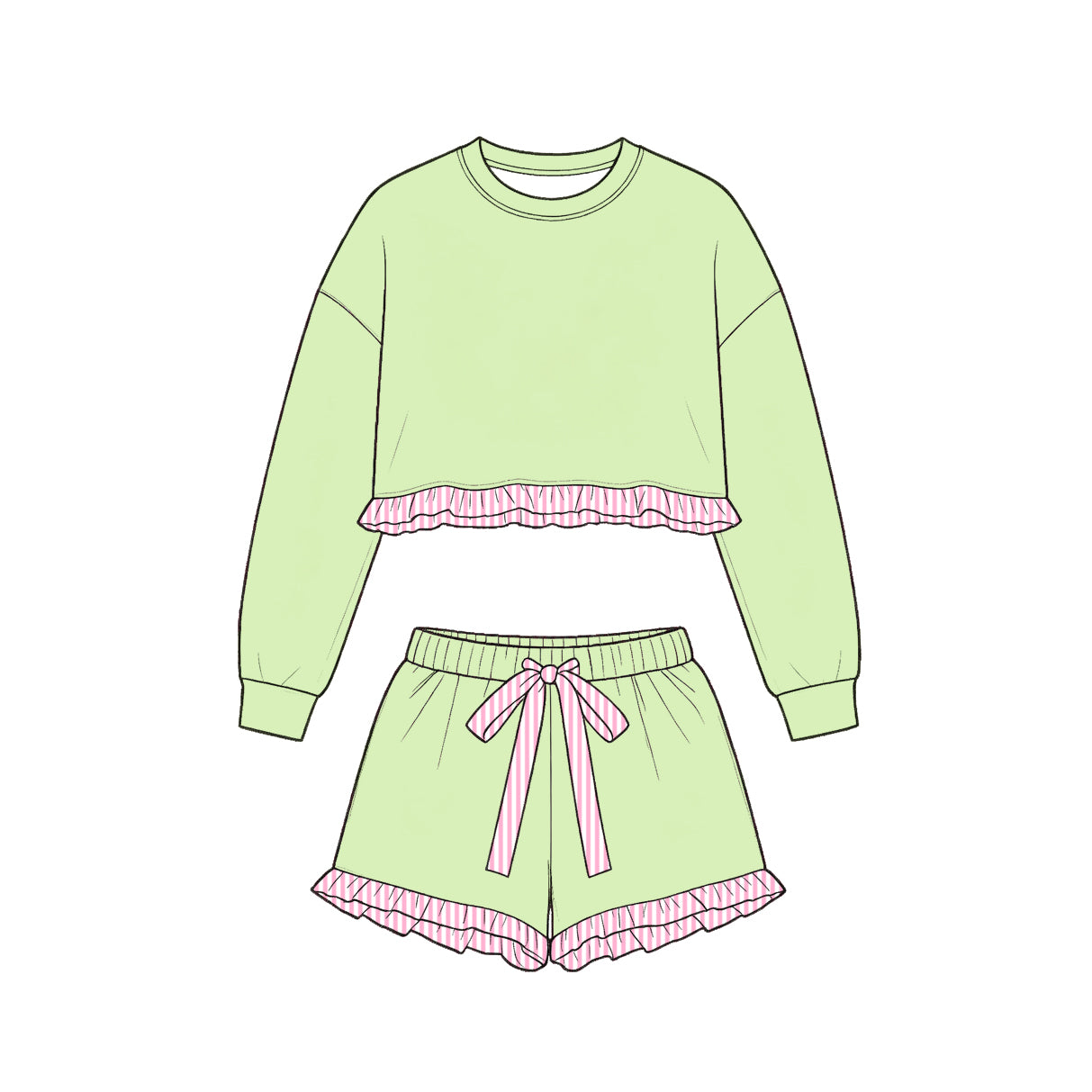 9.10 GLS0249 Preorder Light Green Long Sleeve Top Orange Ruffle Shorts Girls Clothes Set