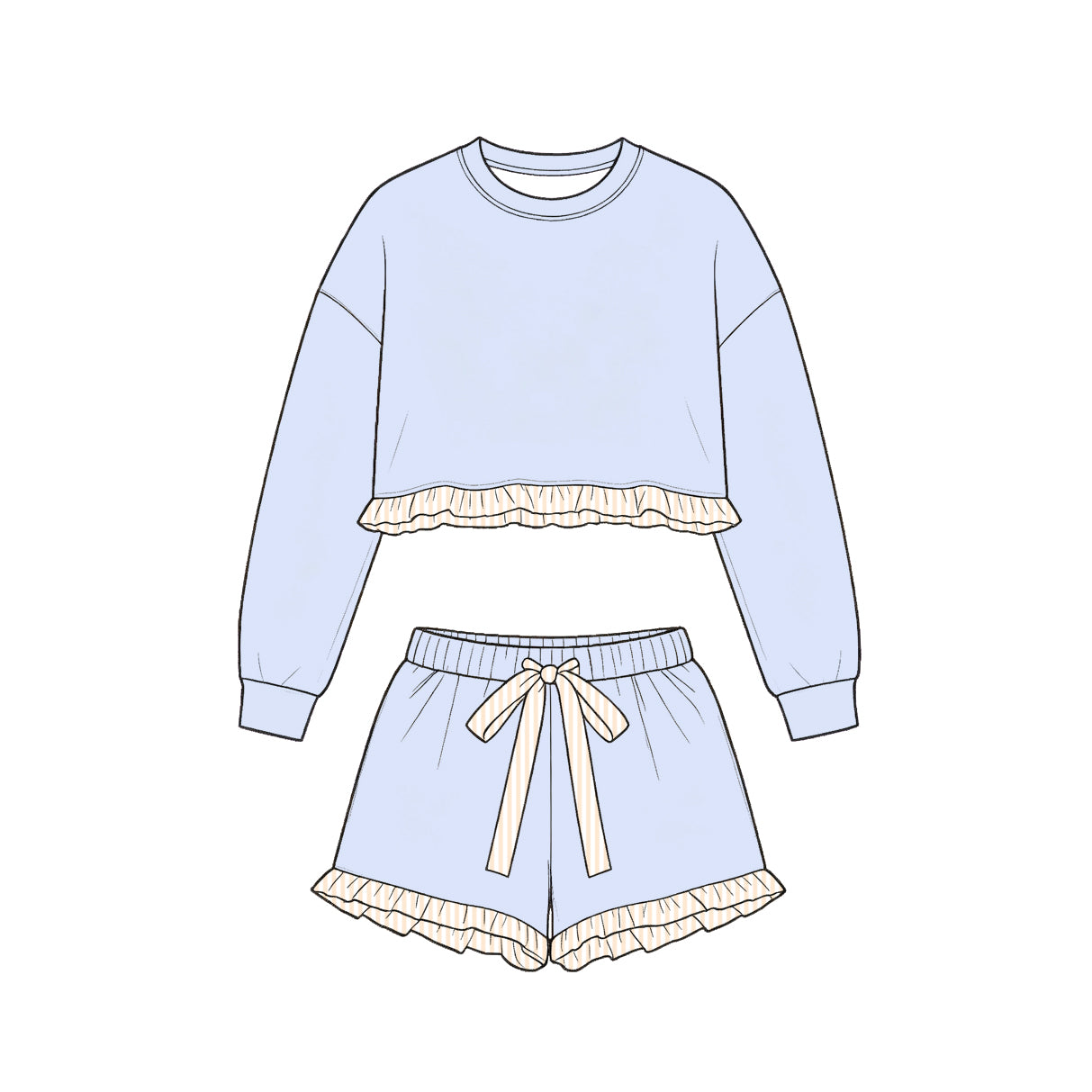9.10 GLS0250 Preorder Light Blue Long Sleeve Top Orange Ruffle Shorts Girls Clothes Set