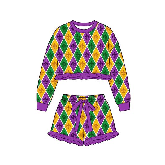 9.15 GLS0258 Preorder Baby Girls Diamond Fleur‑de‑lis Long Sleeve Top with Skort Outfit